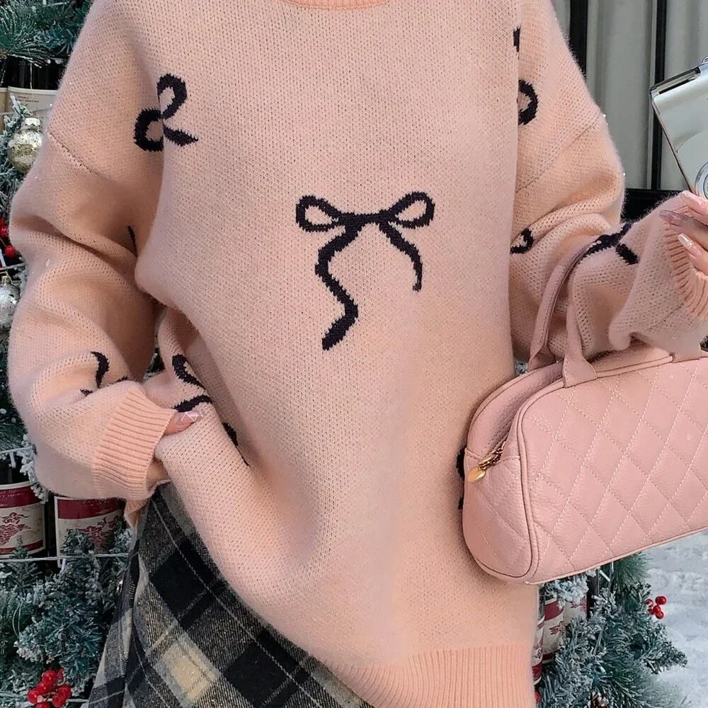 Pink Casual Women's Loose Fit Bowknot detailed Round Neck Long Sleeve Sweater